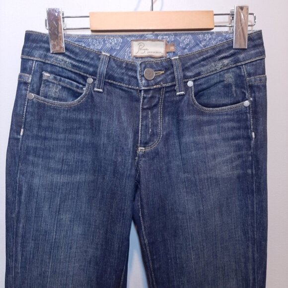 Paige Melrose Jeans Slim Straight Flared Distressed Dark Wash Low Rise Y2K Flaw - Picture 3 of 16